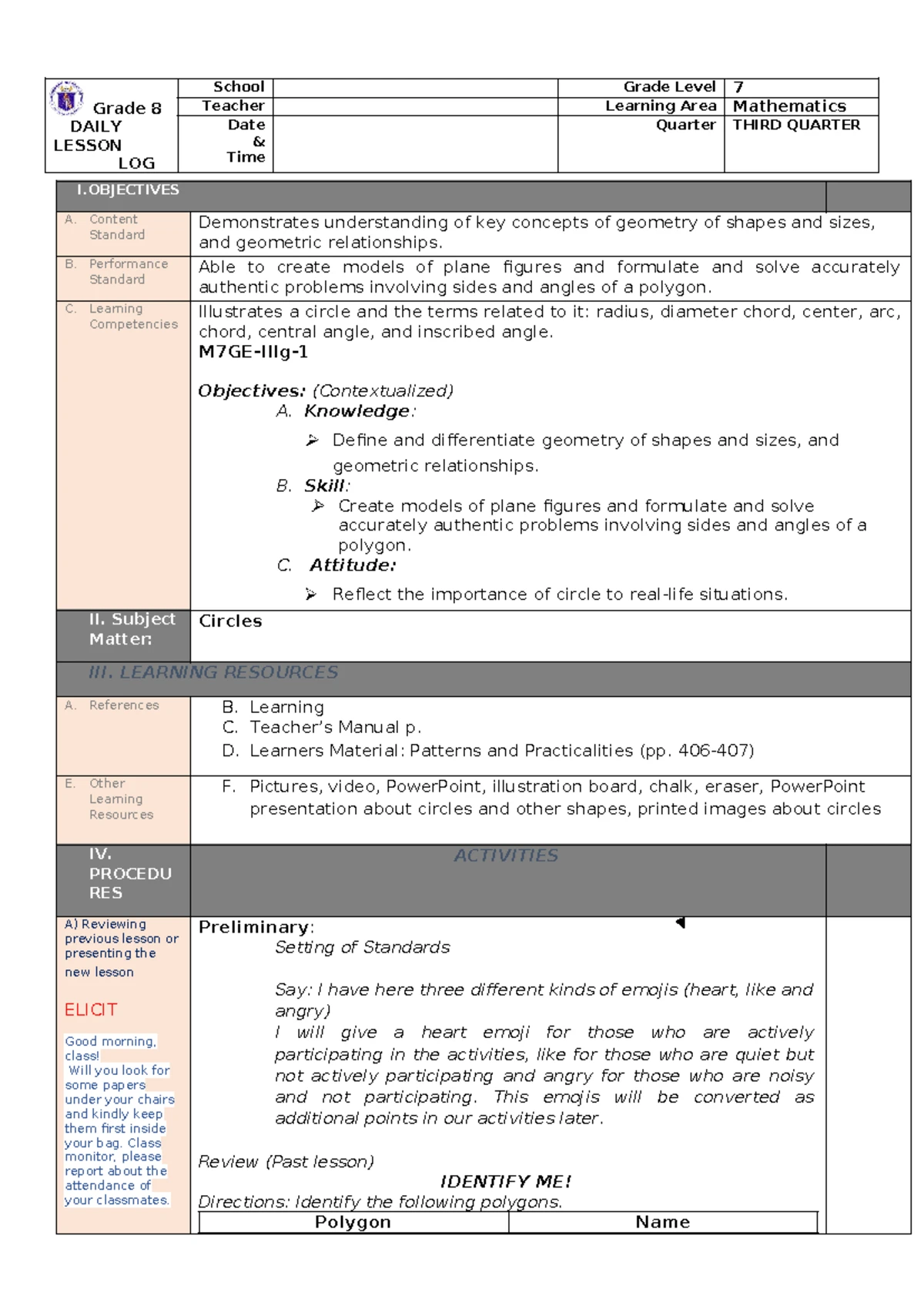MATH 8 Deductive and Inductove Reasoning LP - Grade 8 DAILY LESSON LOG ...