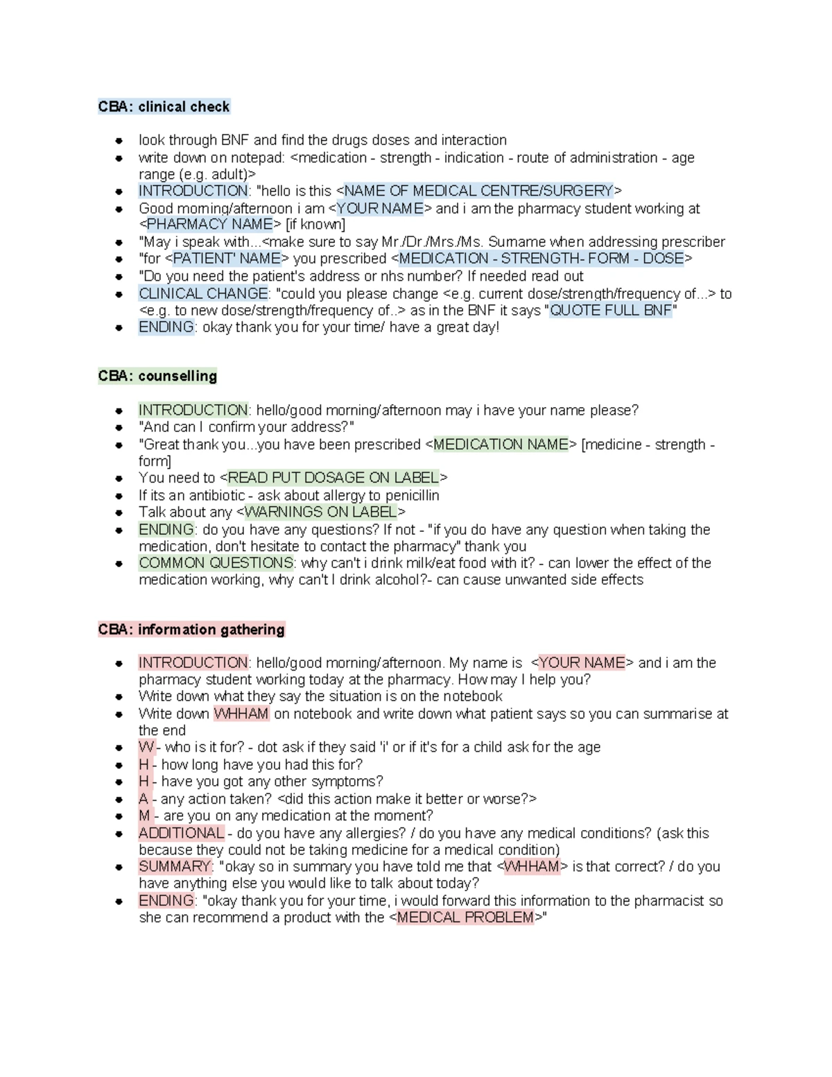 Wwham - notes relating to the second semester's pharmacy practice ...