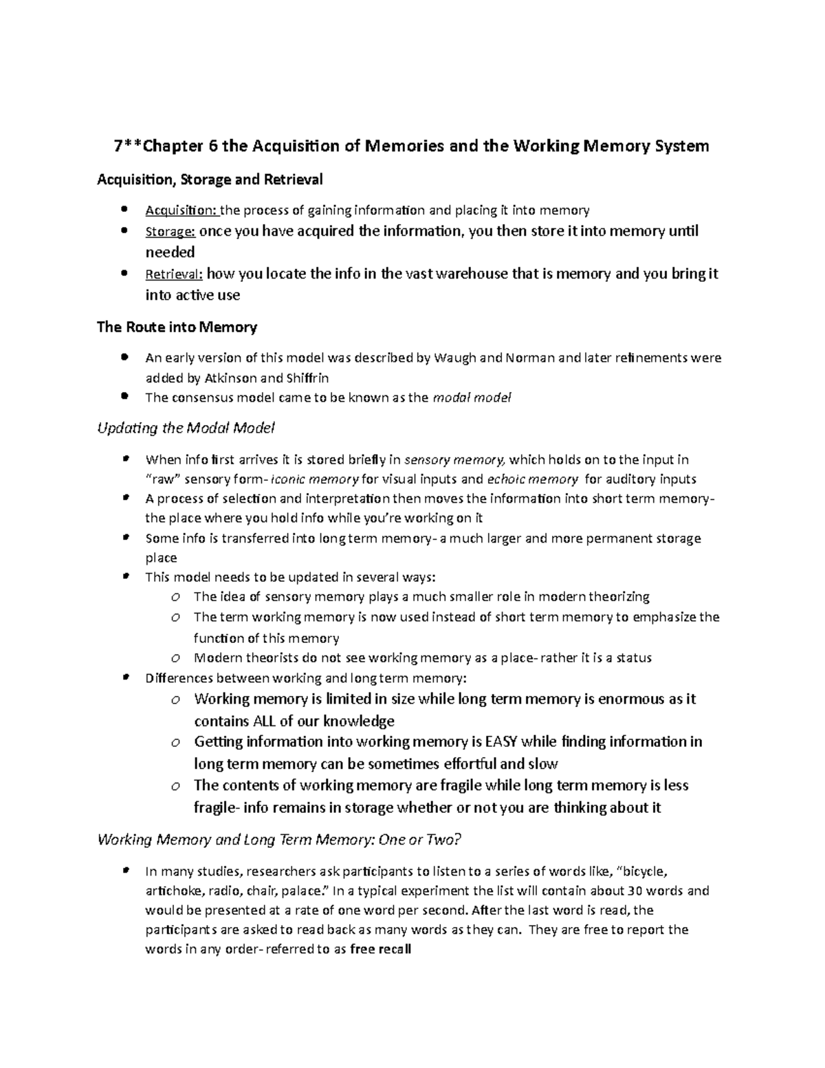 Chapter 6 Review: Acquisition of Memories & Working Memory System - Studocu