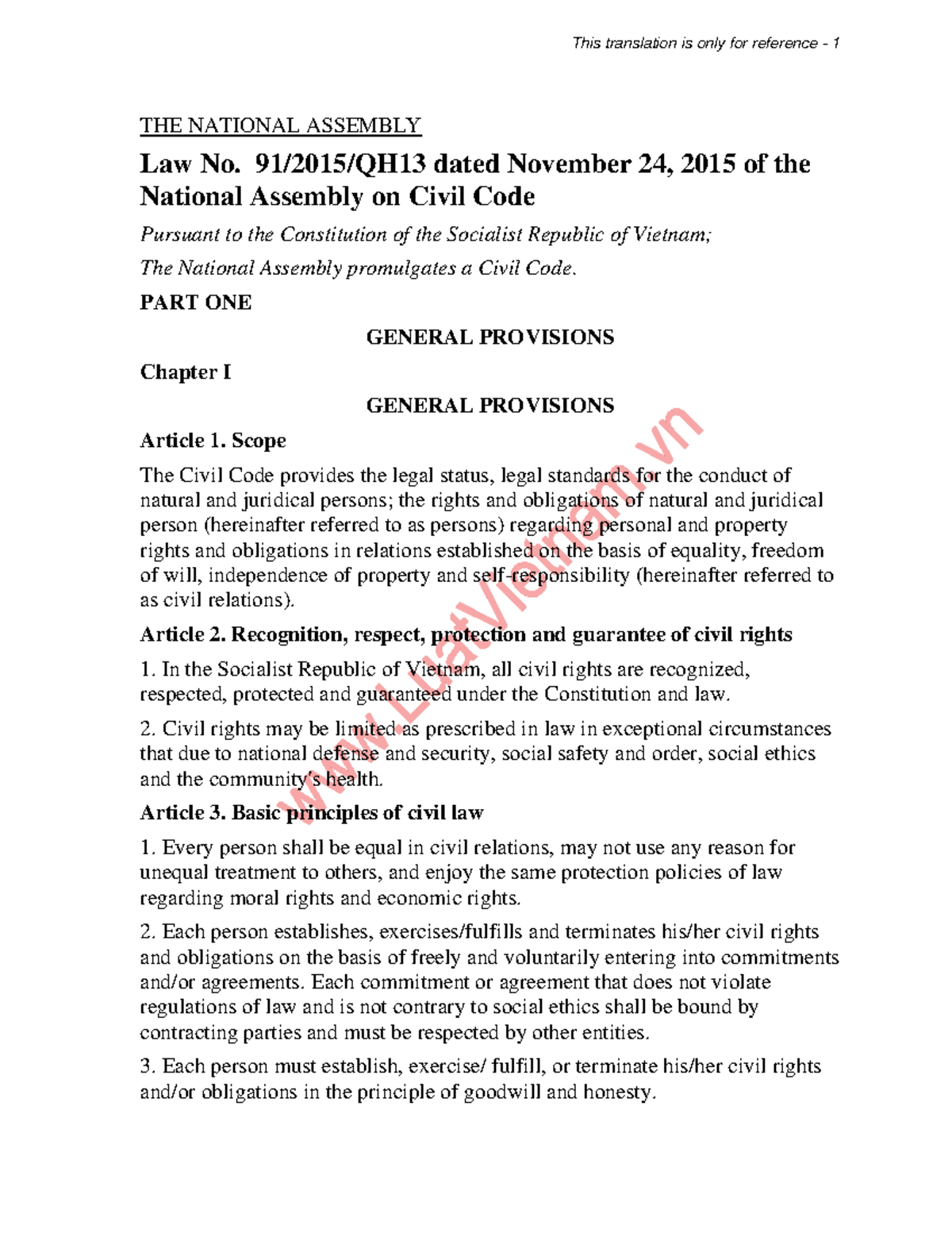 Civil Code 2015 (ENG) - Comprehensive Overview and Provisions - Studocu