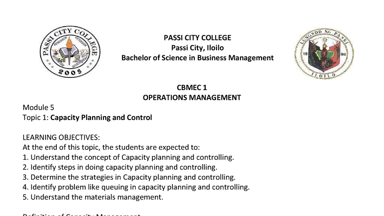CBMEC 1 Operations Management: Module 5 - Capacity Planning & Control ...