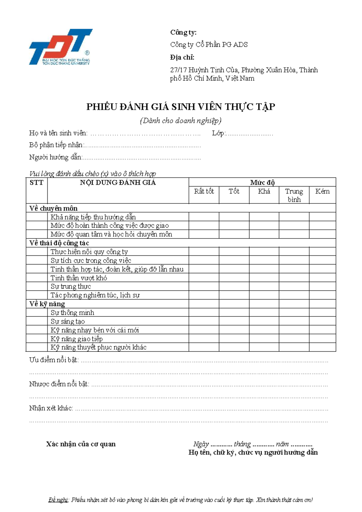 Phiếu Đánh Giá Sinh Viên Thực Tập - PG ADS - Studocu