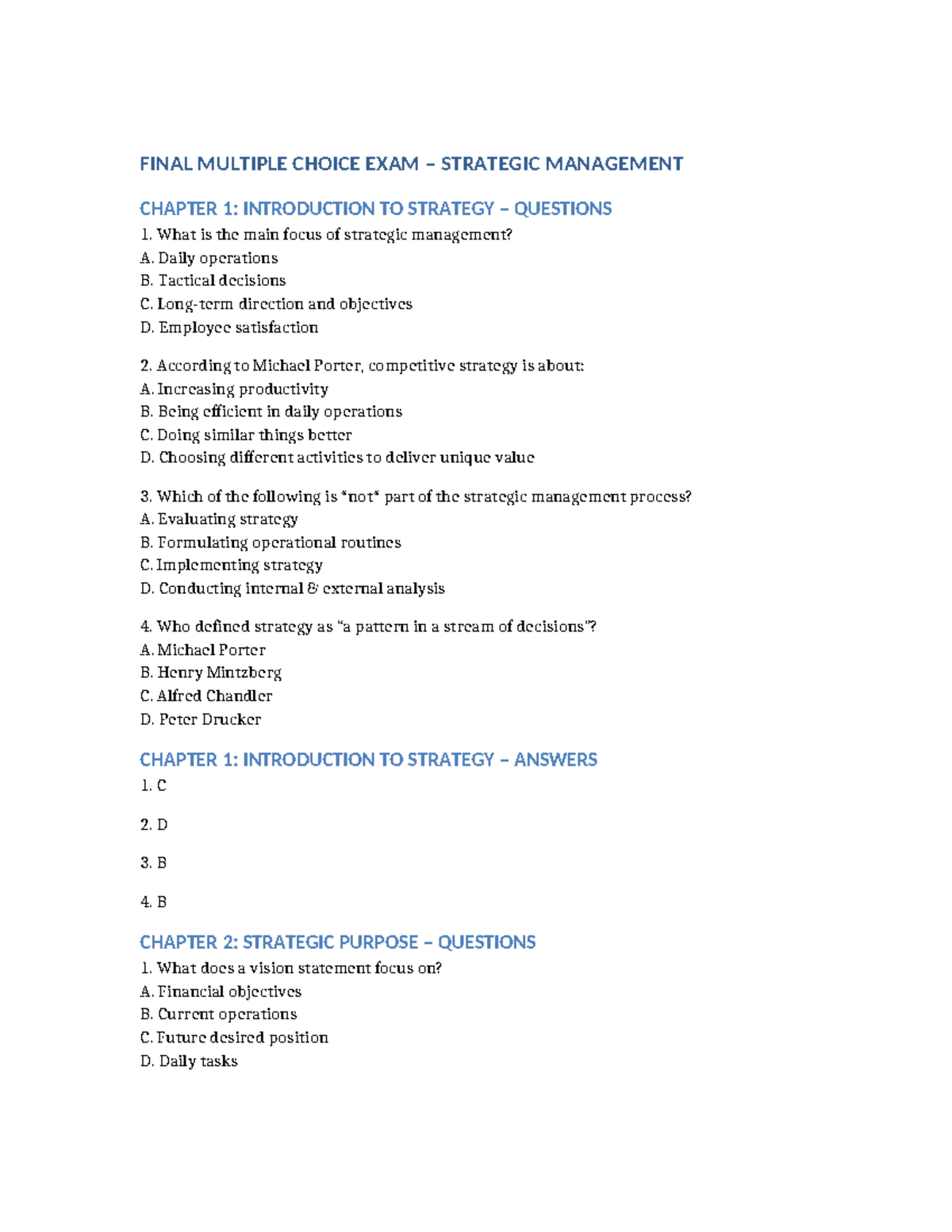FINAL EXAM STRATEGIC MANAGEMENT (SM 101) CHAPTER 1 & 2 QUESTIONS ...