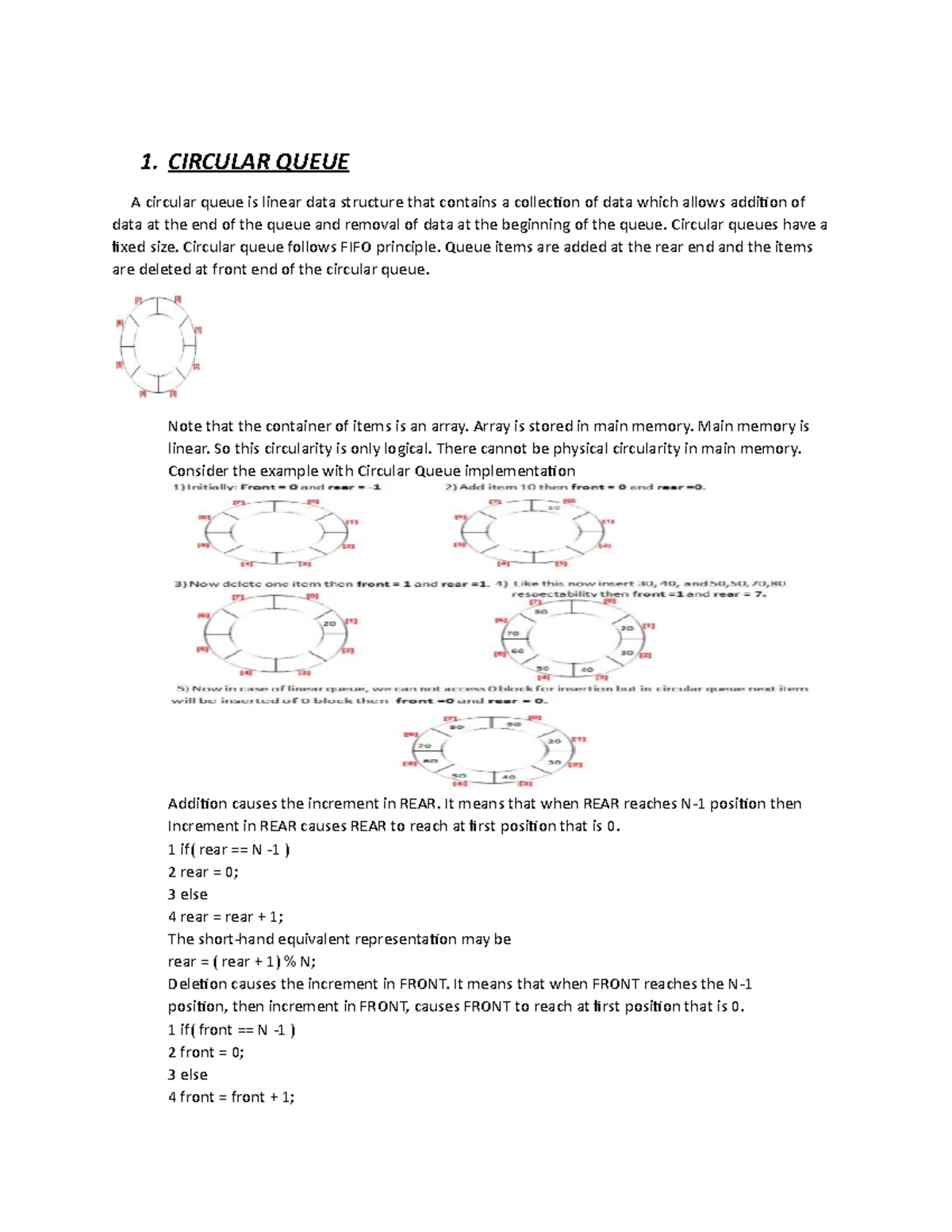 Notes - DMA - 1. CIRCULAR QUEUE A circular queue is linear data ...