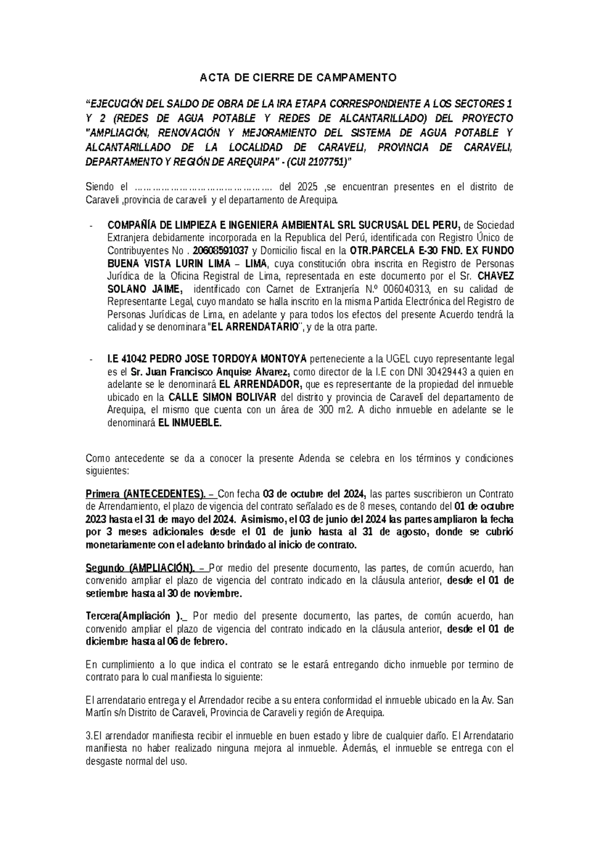 ACTA DE CIERRE DEL USO TEMPORAL DE TERRENO DME - PROYECTO VIAL - Studocu