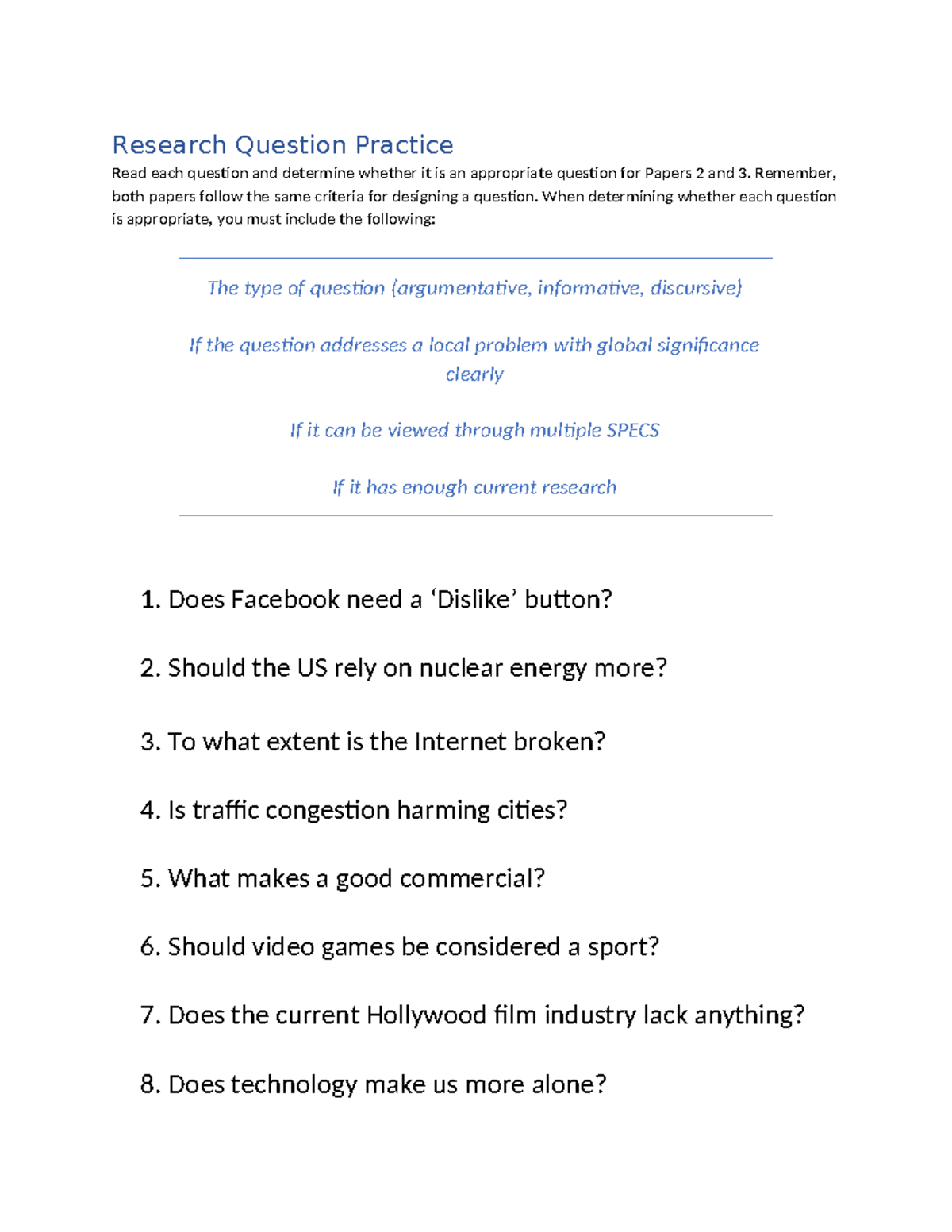 Research Question Practice 2023 - Research Question Practice Read each ...