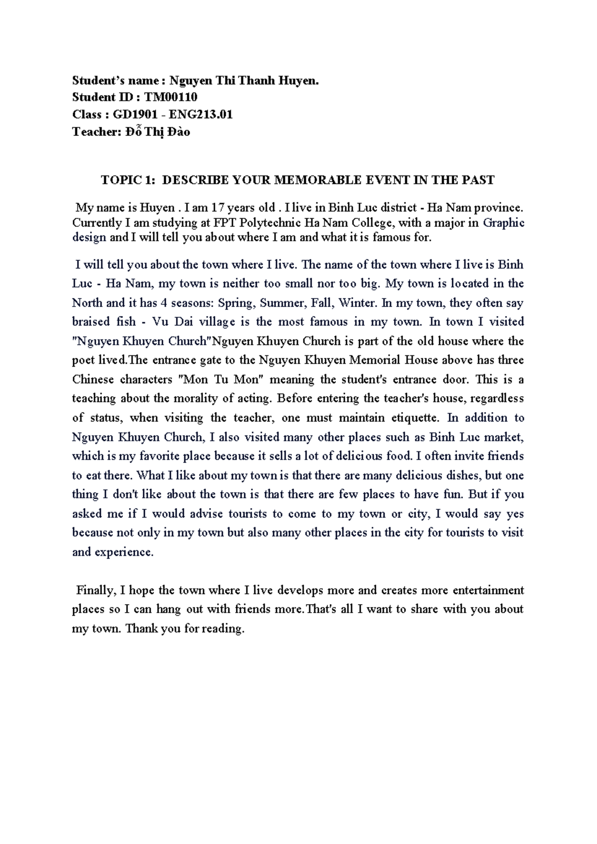 Nguyễn T. Thanh Huyền - TM00110 - GD1902 - Memorable Event Essay - Studocu