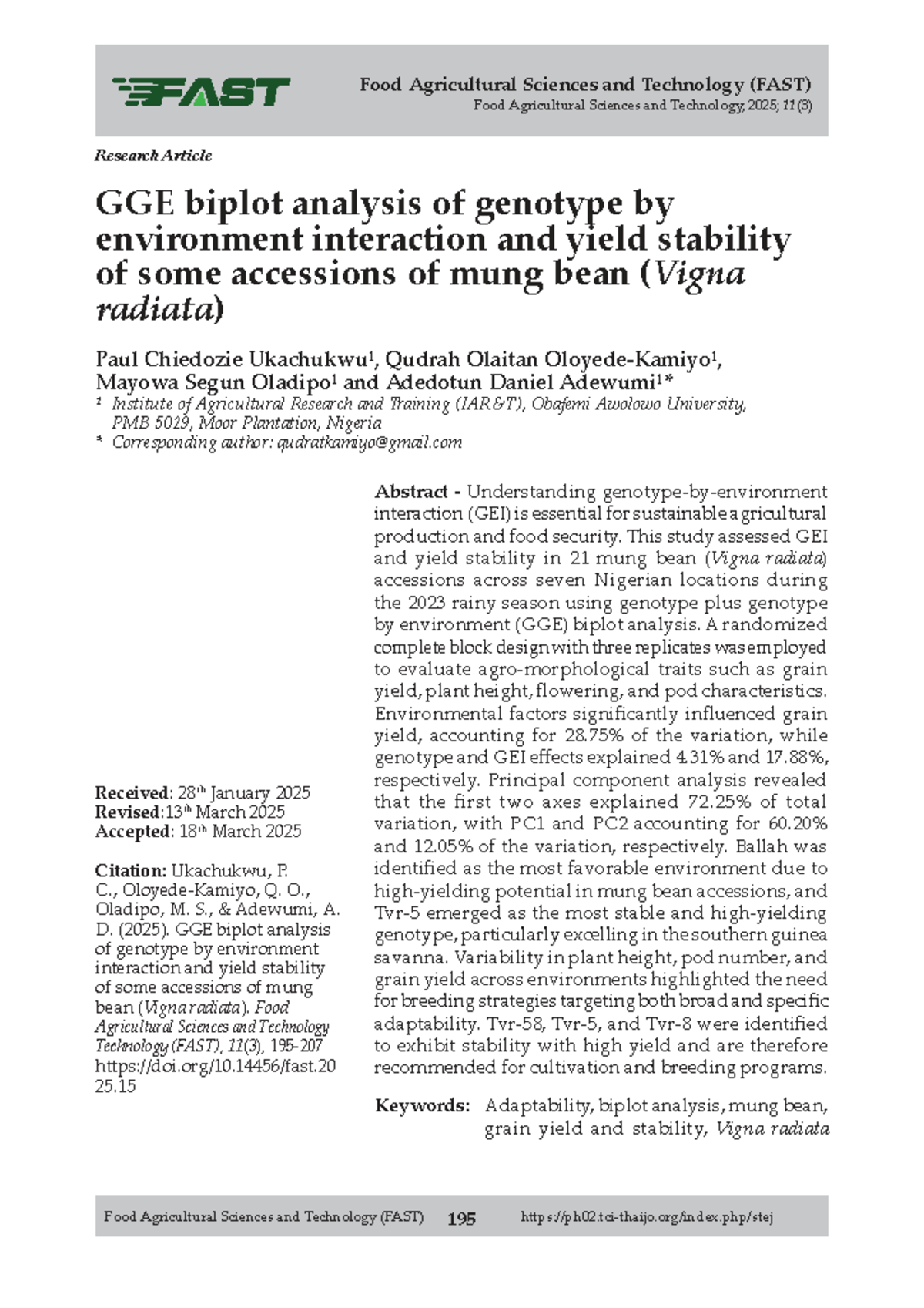 GGE Biplot Analysis of Genotype-Environment Interaction in Mung Bean ...