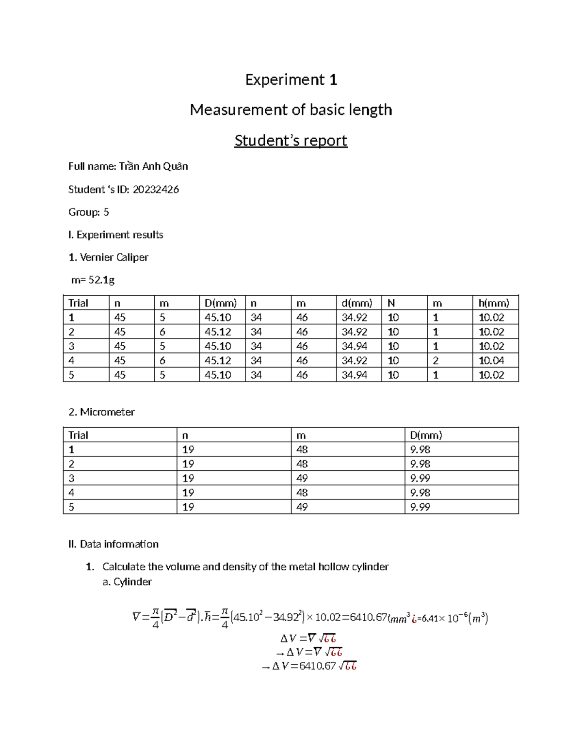 Experiment 1: Measurement of Basic Length Report (Ex1) - Studocu