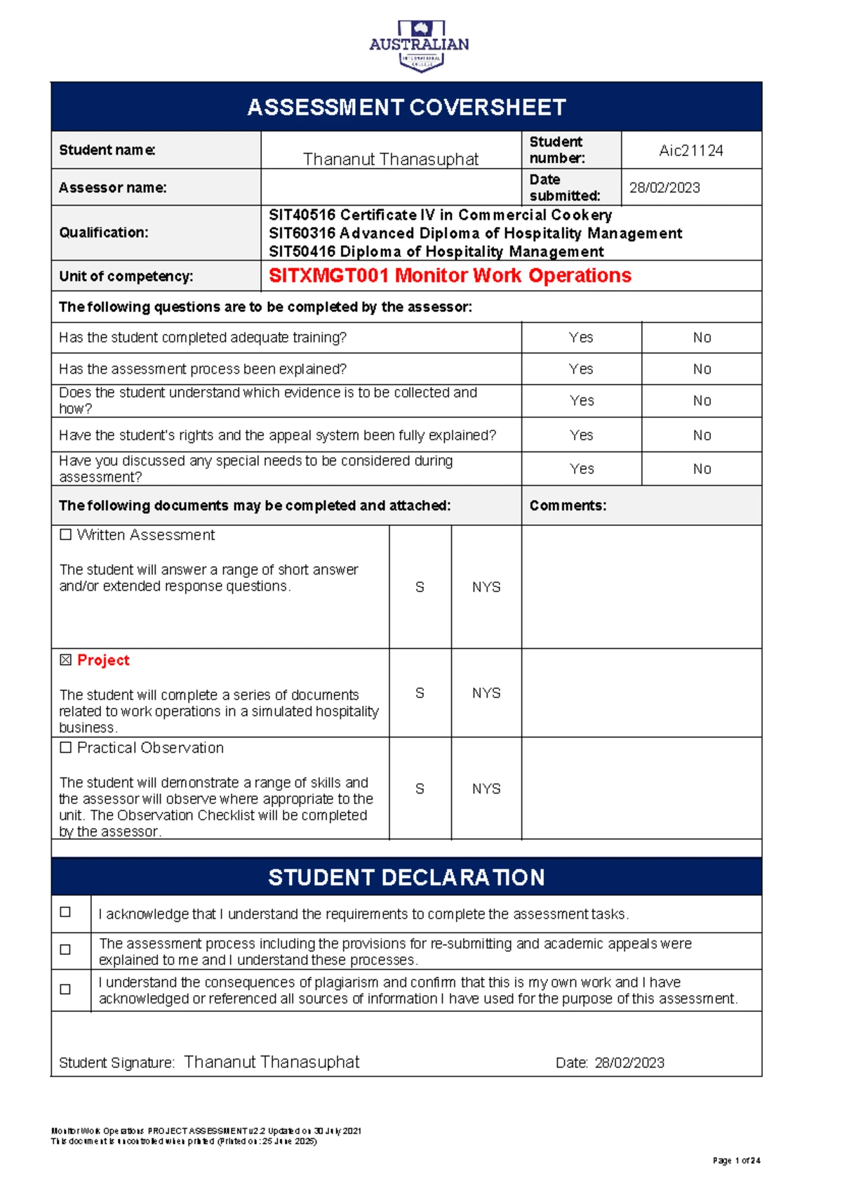 SITXMGT001 Practical Assessment Guidelines for Monitoring Work ...