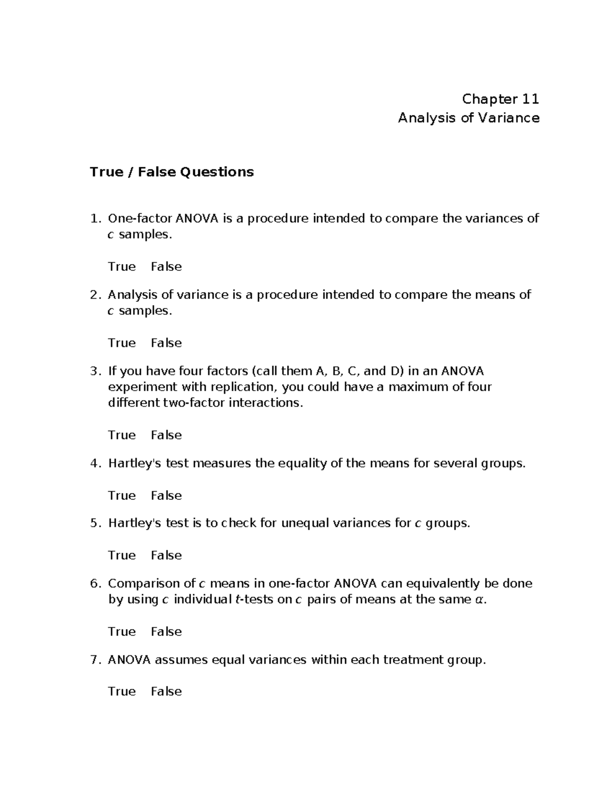 Chapter 11 - ugiohpjkk - Chapter 11 Analysis of Variance True / False ...