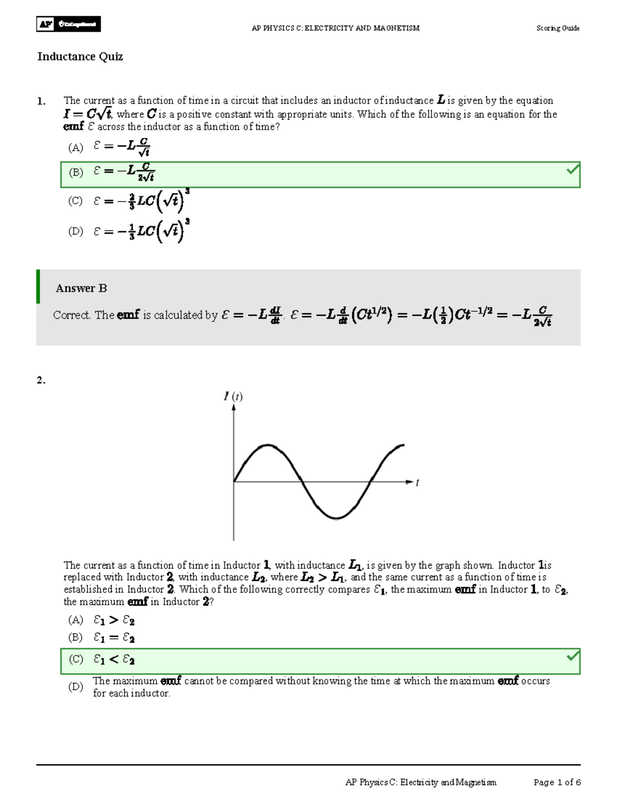 AP PHYSICS C: ELECTRICITY AND MAGNETISM Inductance Quiz Scoring Guide ...