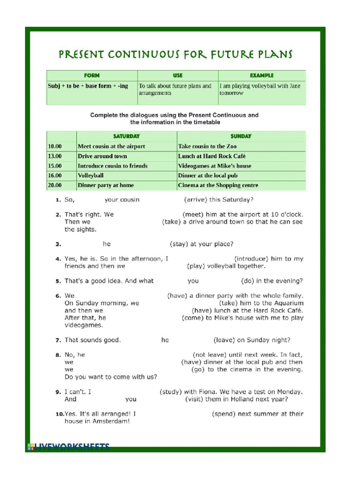 Present Continuous for Future Plans: Worksheet 105745 - Ingles - Studocu
