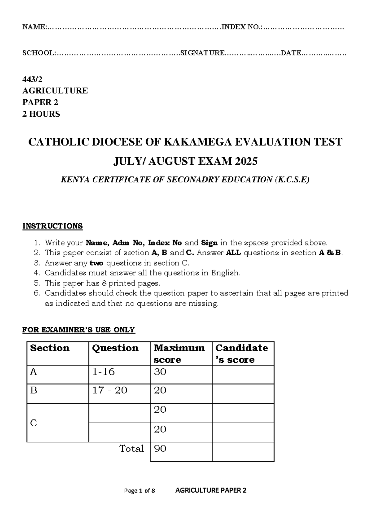 Agriculture Paper 2 Evaluation Test - K.C.S.E August Exam 2025 - Studocu