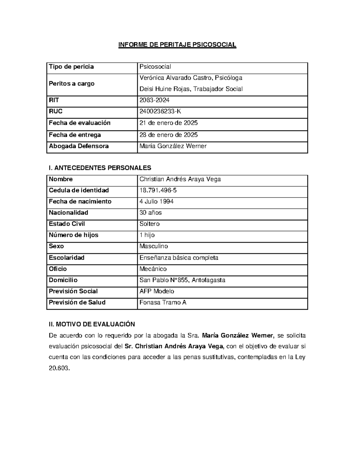 Informe Psicosocial 2083-2024: Evaluación de Christian Araya Vega - Document Preview