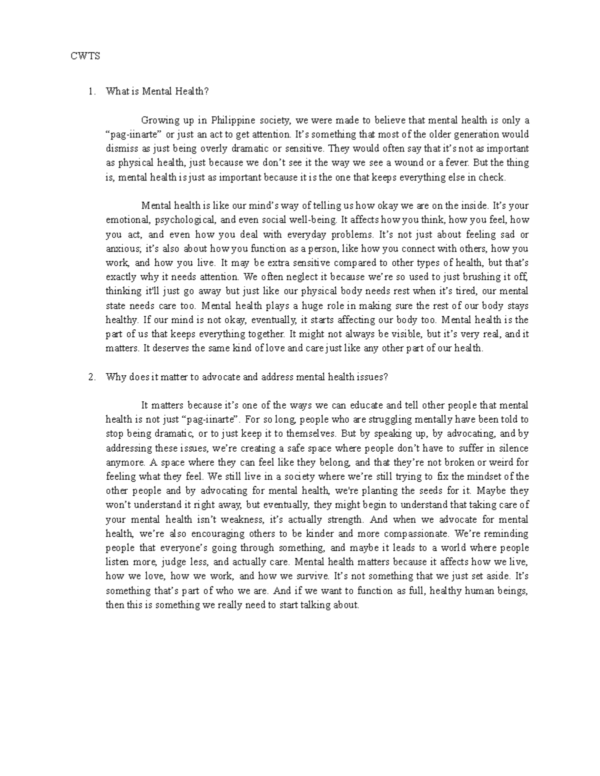 CWTS Assessment IN Module 2: Understanding Mental Health Importance ...