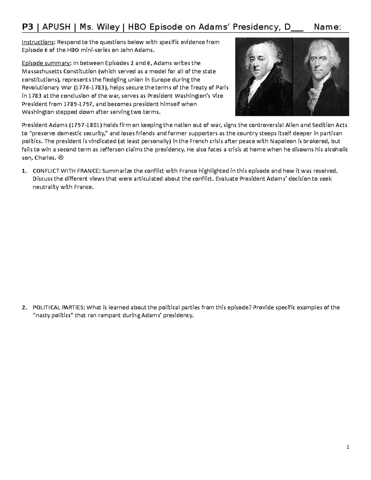Adams Episode 6 worksheet - P3 | APUSH | Ms. Wiley | HBO Episode on ...
