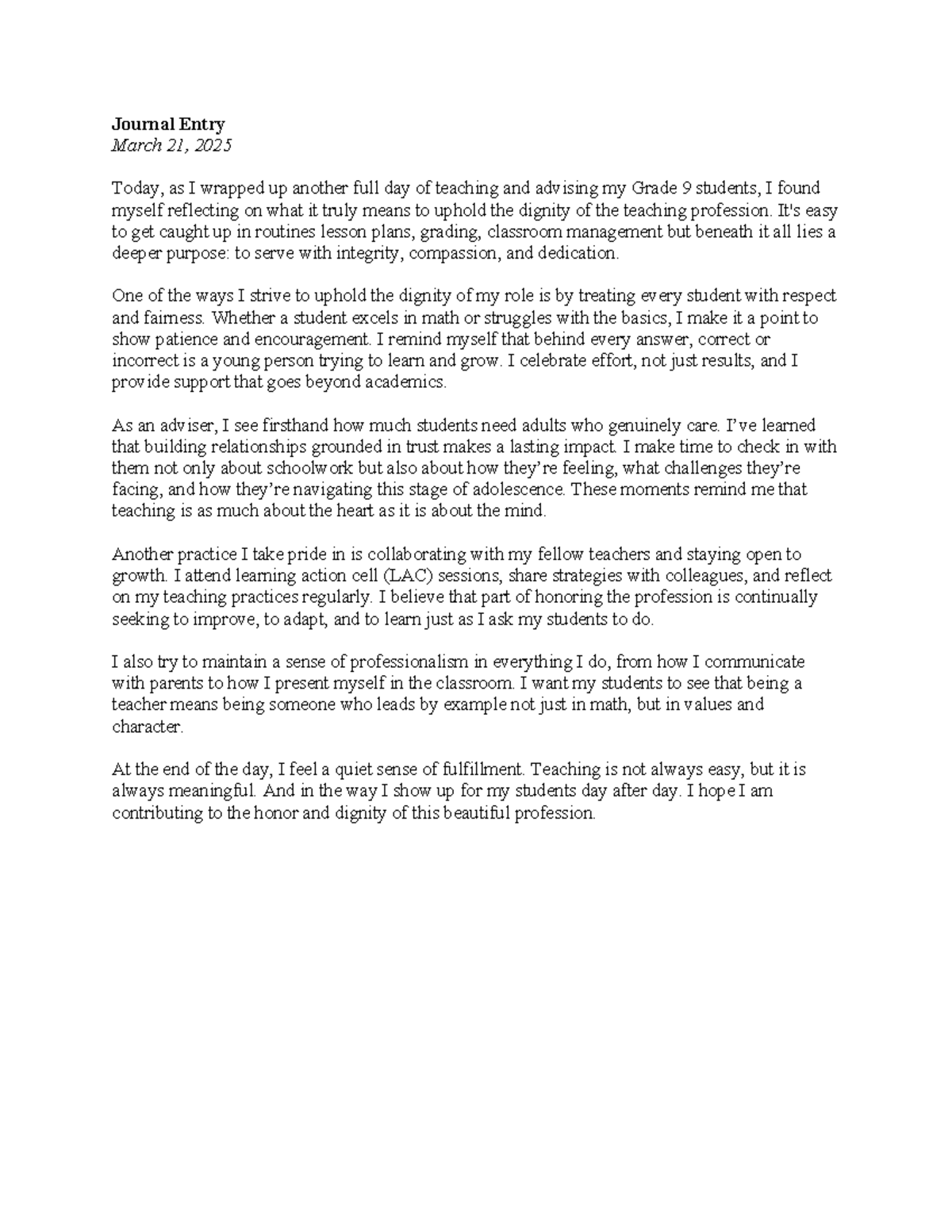 Reflecting on Teaching Dignity: Journal Entry for Grade 3 & 9 - Studocu