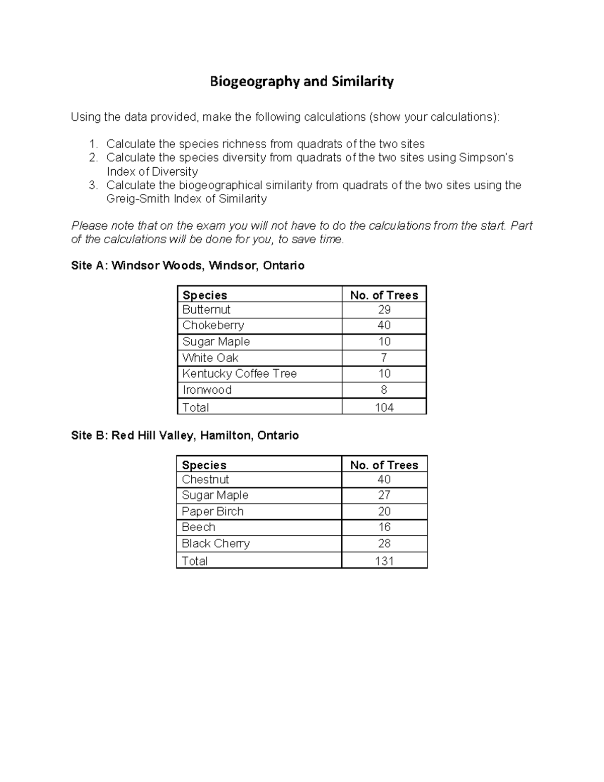 ES 1C03 - Biogeography & Similarity Calculations for Exam Prep - Studocu
