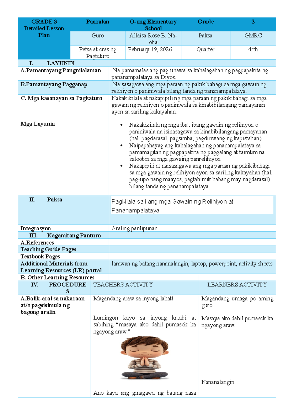 GRADE 3 GMRC Lesson Plan on Pananampalataya - February 2026 - Studocu