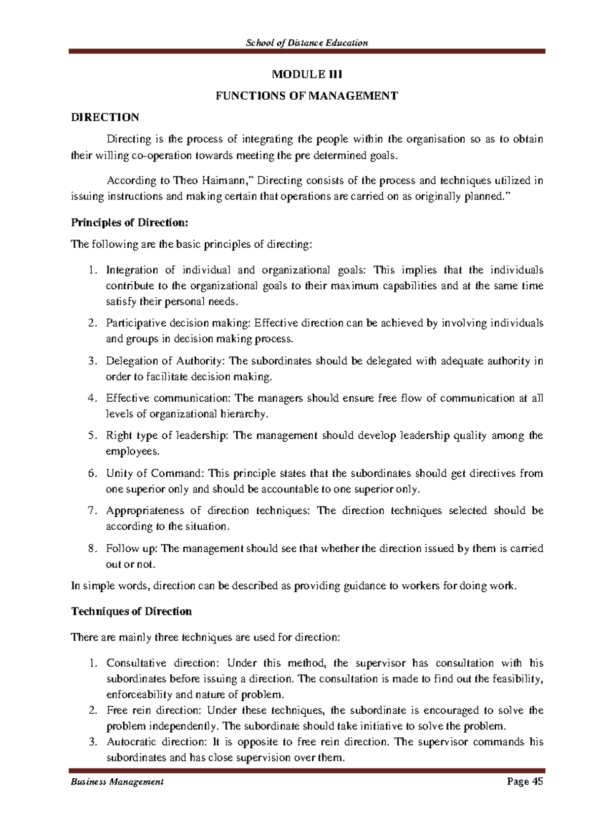 Sde439-45-6 5business managment shot note - MODULE III FUNCTIONS OF ...