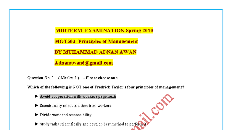 MGT503 Midterm Exam Paper - Principles of Management by Adnan Awan ...