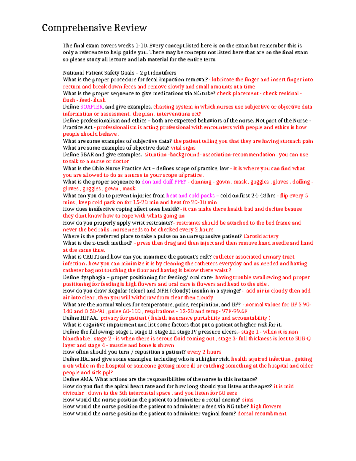 Comprehensive Review - Note exam - Comprehensive Review The final exam ...