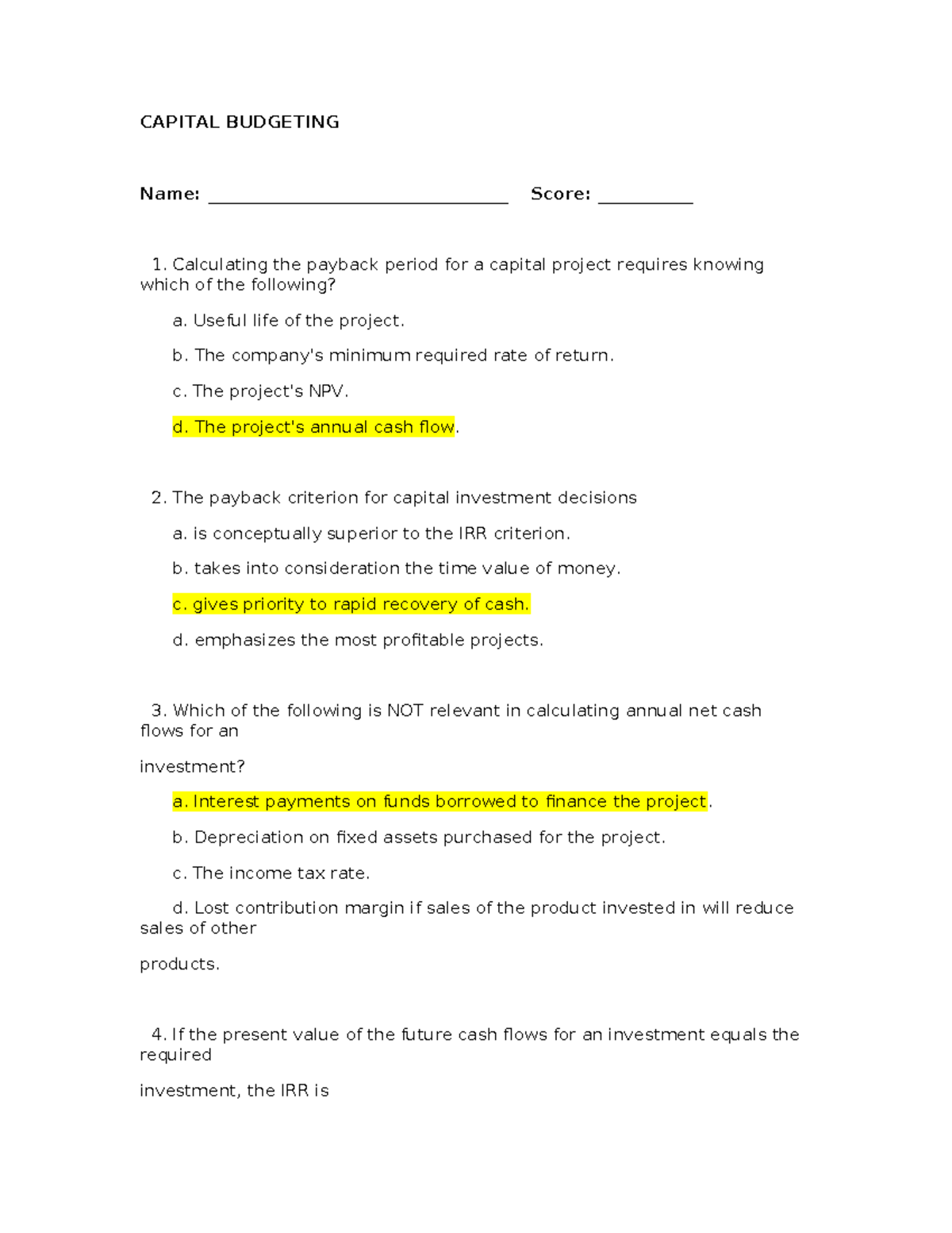 Capital Budgeting (FIN 301) Full Answer Key and Explanations - Studocu