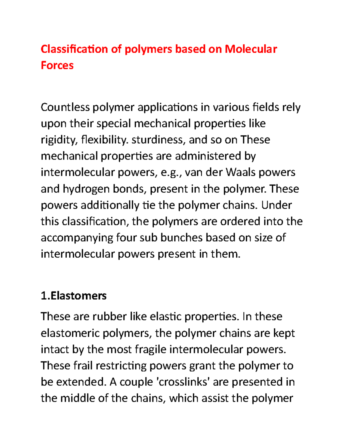 Classification of Polymers Based on Intermolecular Forces - Studocu