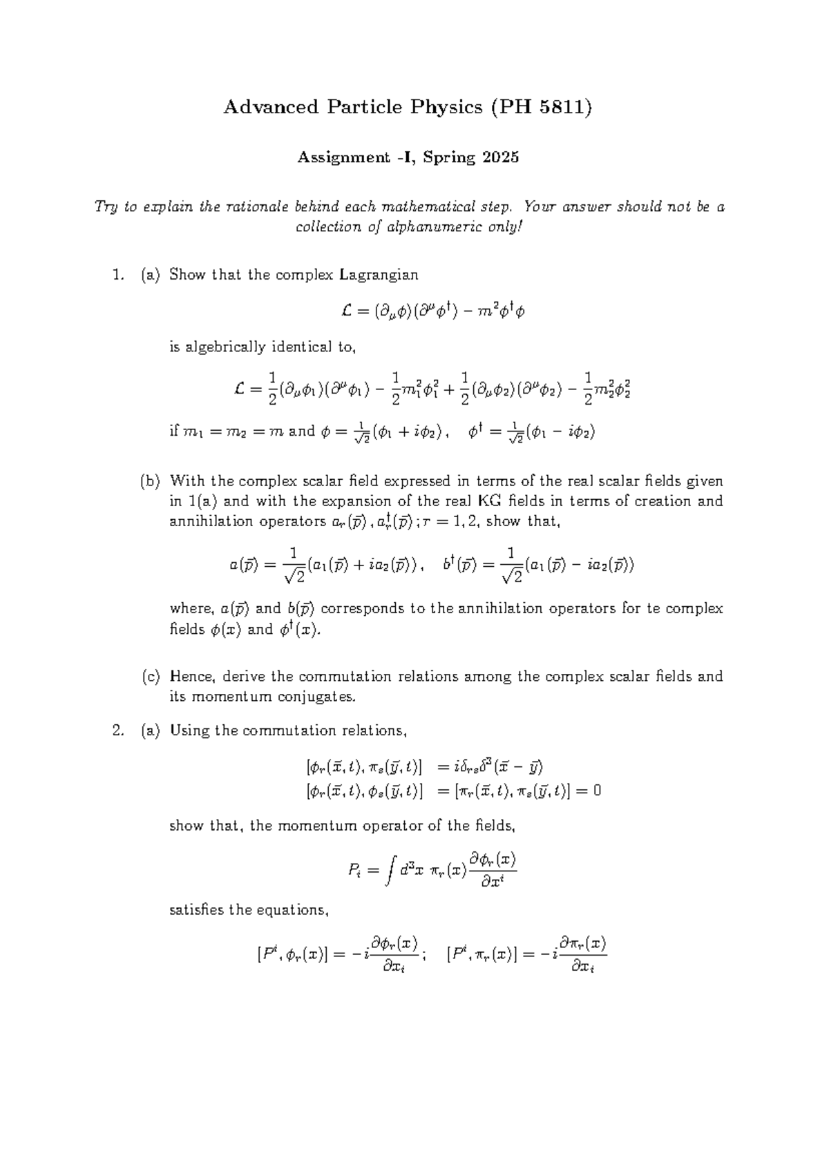 Advanced Particle Physics (PH 5811) Assignment 1: Mathematical ...