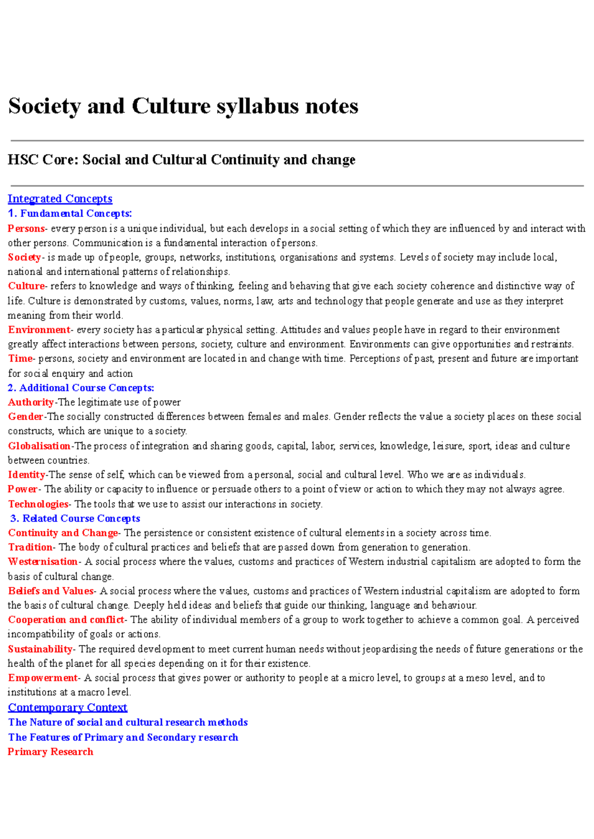 HSC Core: Society and Culture Syllabus Notes on Continuity and Change ...