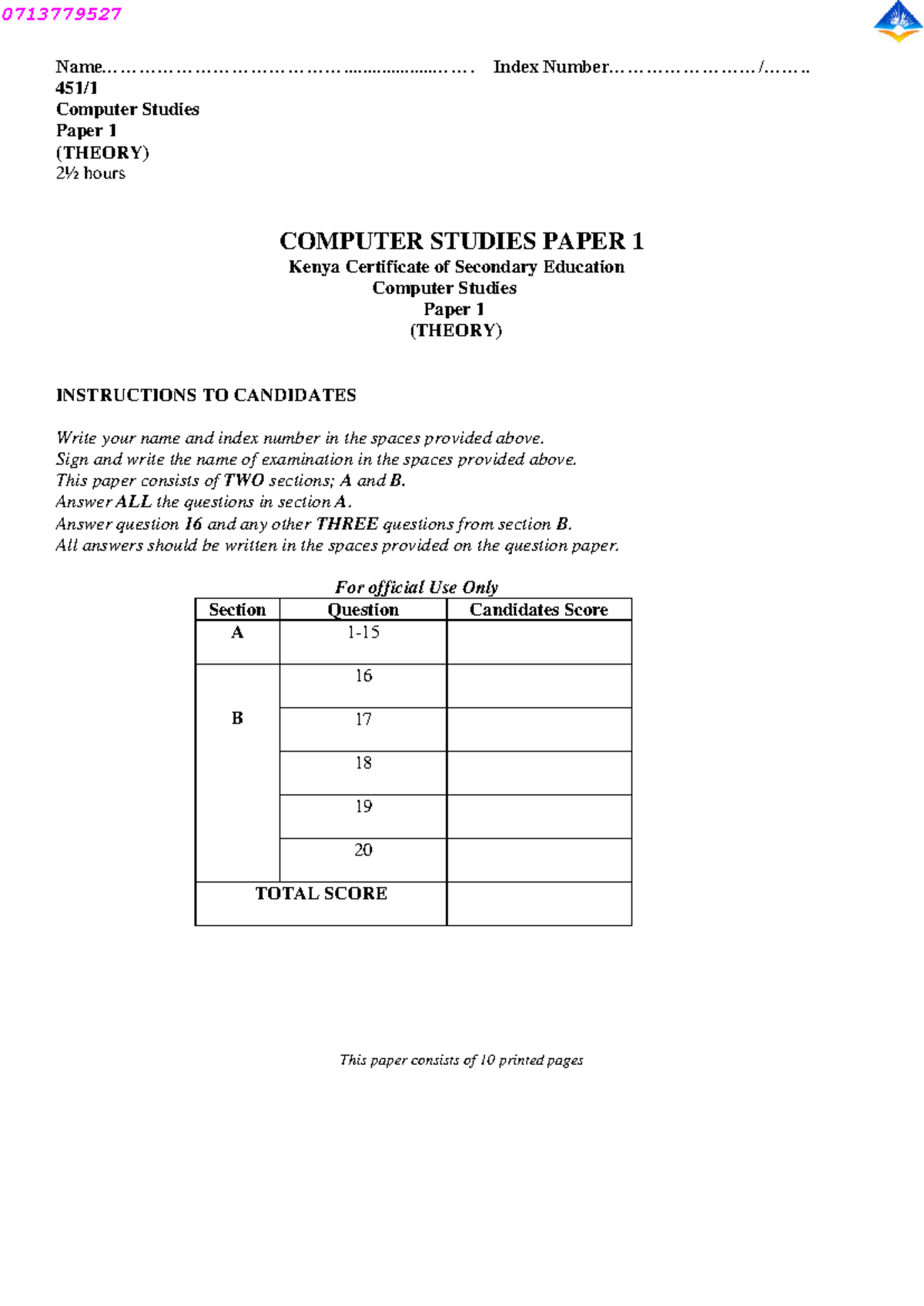 COMP 0713779527 Computer Studies Paper 1 Revision Notes - Studocu