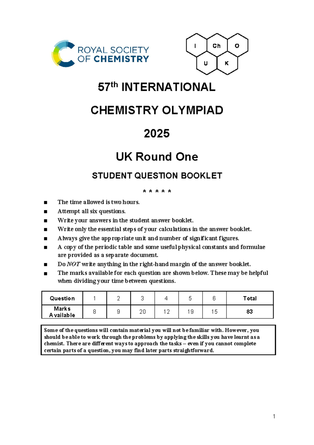 UK Chemistry Olympiad 2025 Round 1: Student Question Booklet - Studocu