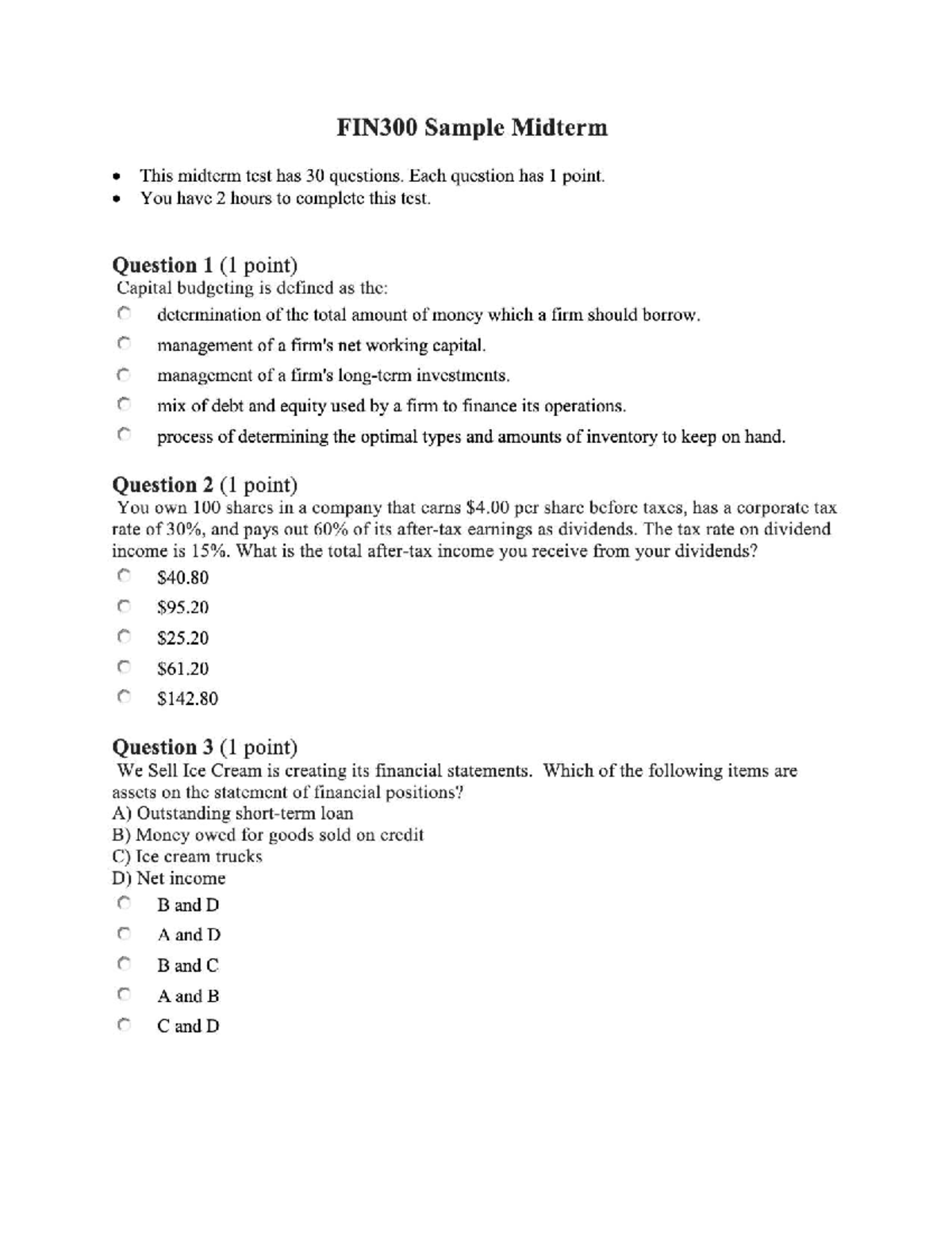 FIN300 Sample Midterm - Managerial Finance I - F2025 - Studocu