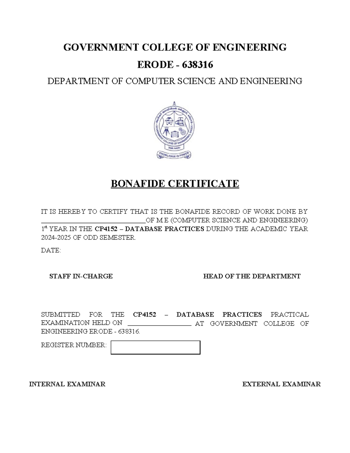 DPS LAB Record: CP4152 Database Practices - 1st Year M.E. - Studocu