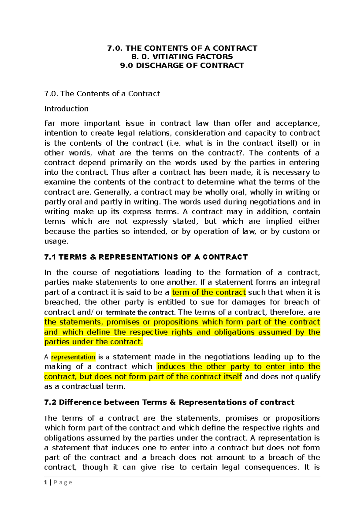 LE 152 Law of Contract II - Contents, Vitiating Factors & Discharge ...