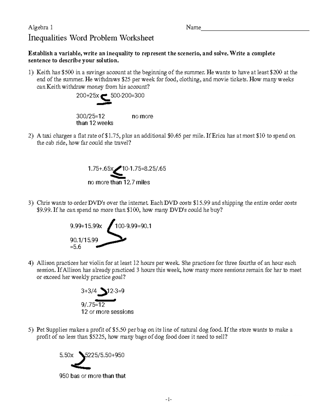 Algebra 1 Inequalities Word Problems Worksheet - Studocu