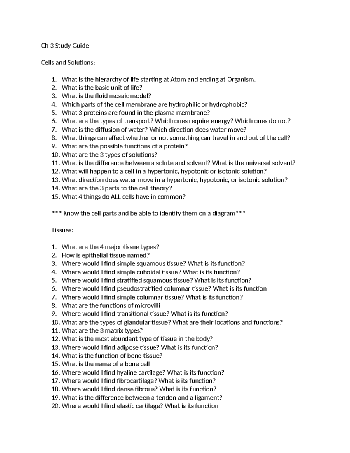 Biology 101 Ch 3 Study Guide: Cells & Tissues Overview - Studocu