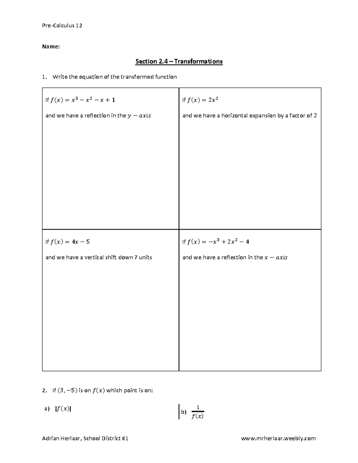 Transformations in Functions: Section 2.4 Analysis - Studocu