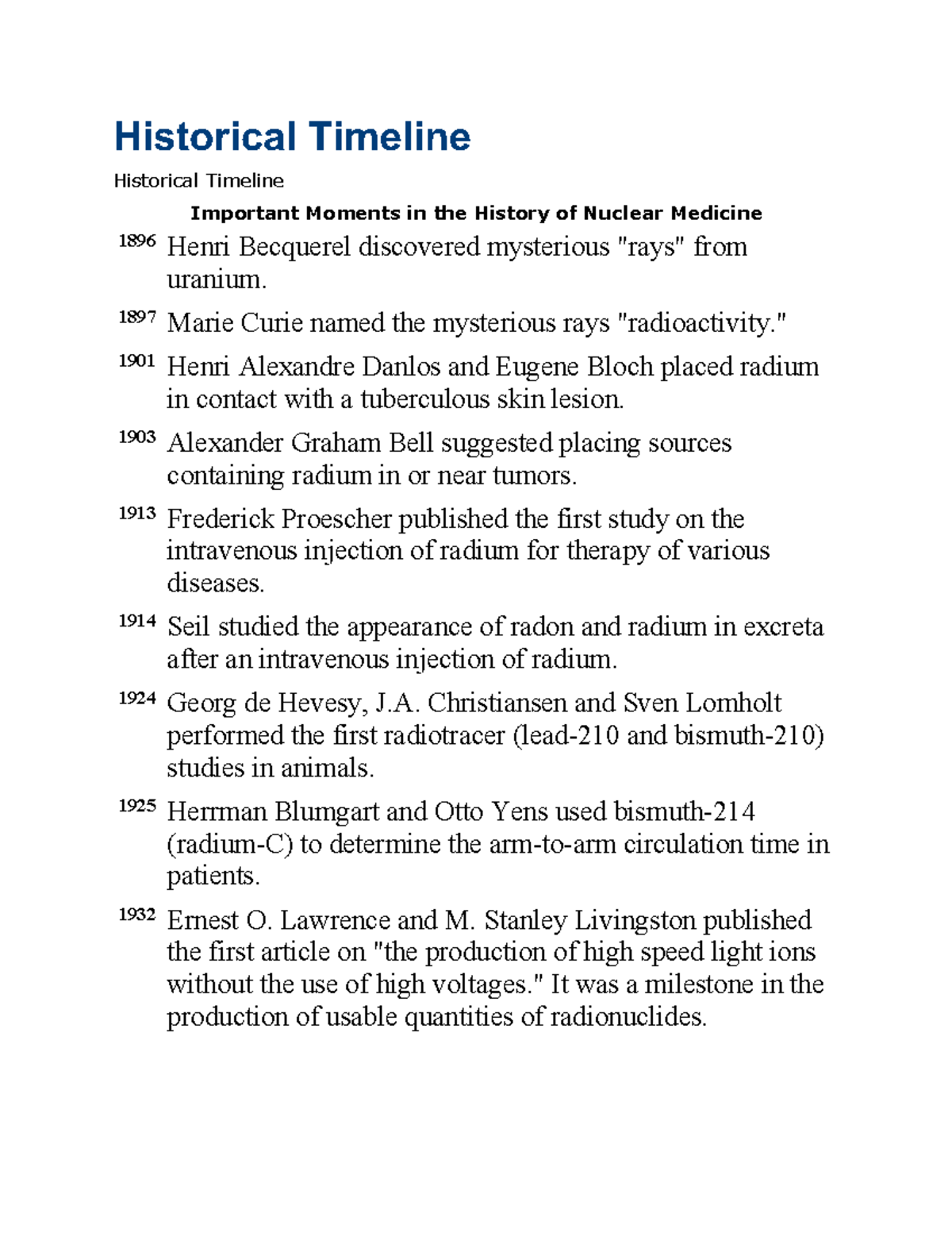 Historical Timeline of Nuclear Medicine Developments (HIST 101) - Studocu