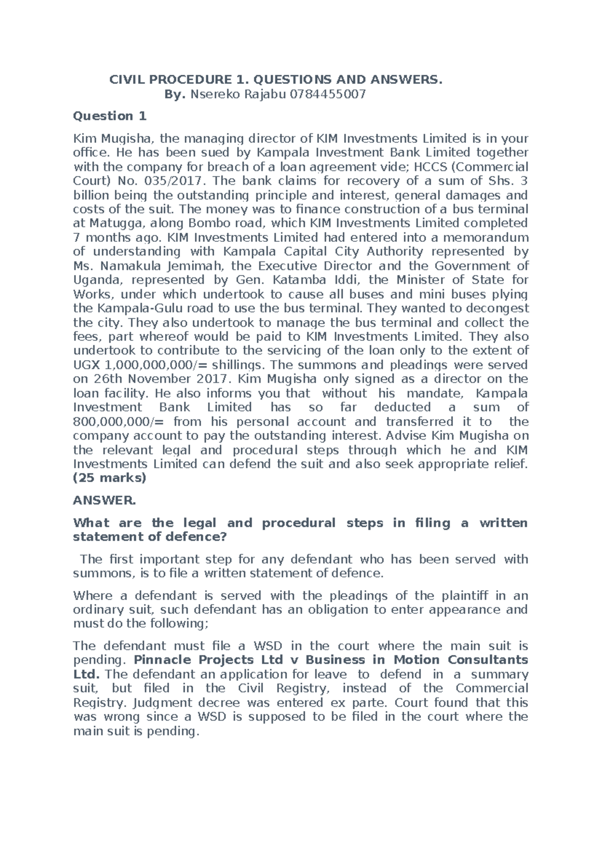 Civil Procedure Question Approach - CIVIL PROCEDURE 1. QUESTIONS AND ...