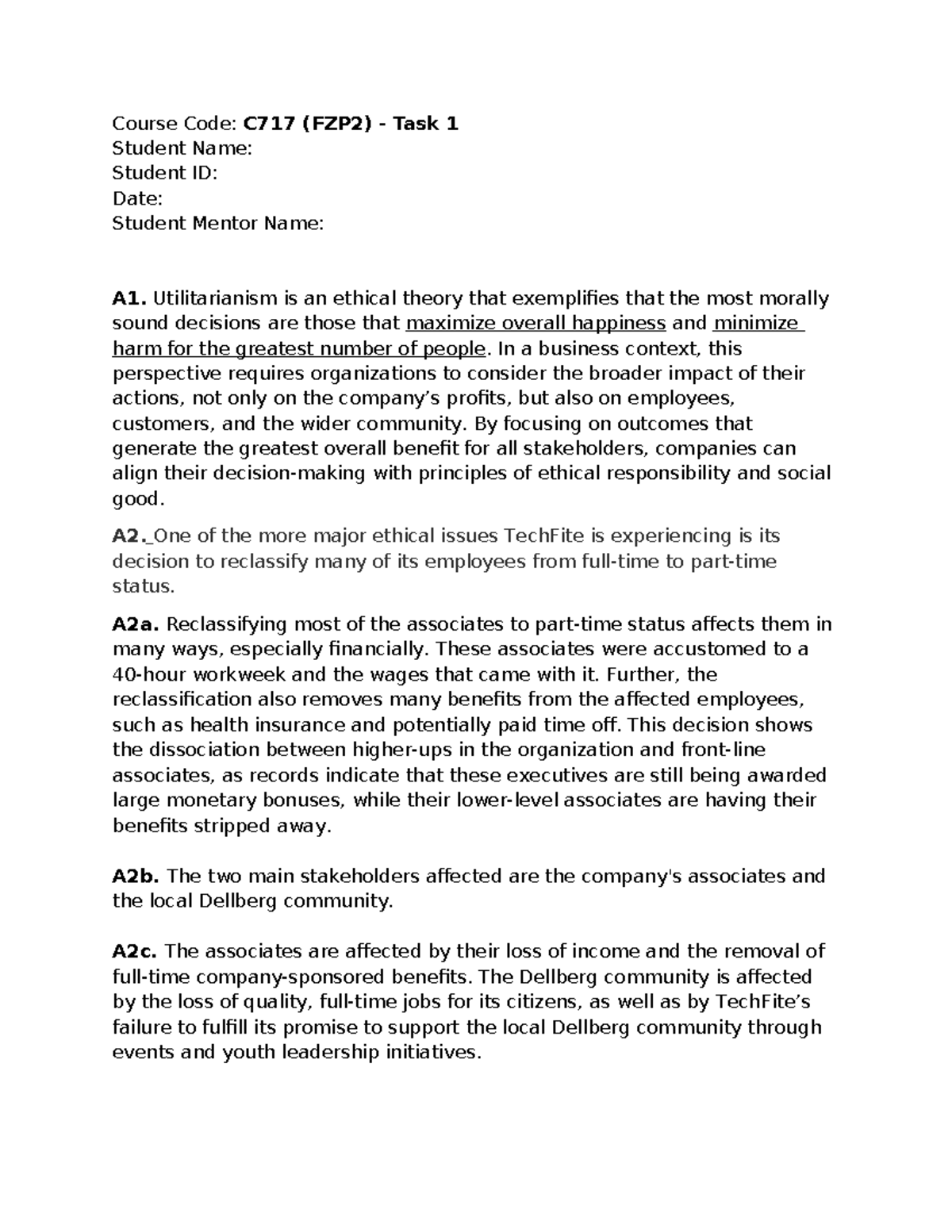 C717 (FZP2) Task 1: Ethical Analysis of TechFite - Document Preview