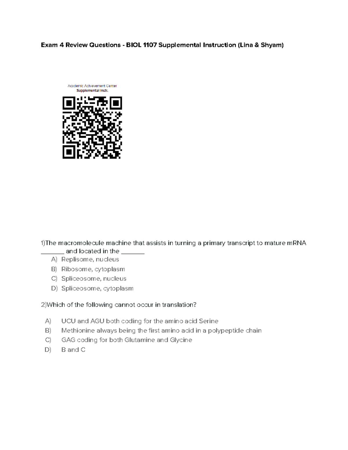 BIOL 1107 SI - Comprehensive Exam 4 Review Questions Guide - Studocu