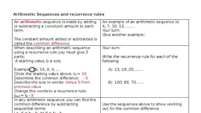 Arithmetic Sequences & Recurrence Rules: A Study Guide - Studocu
