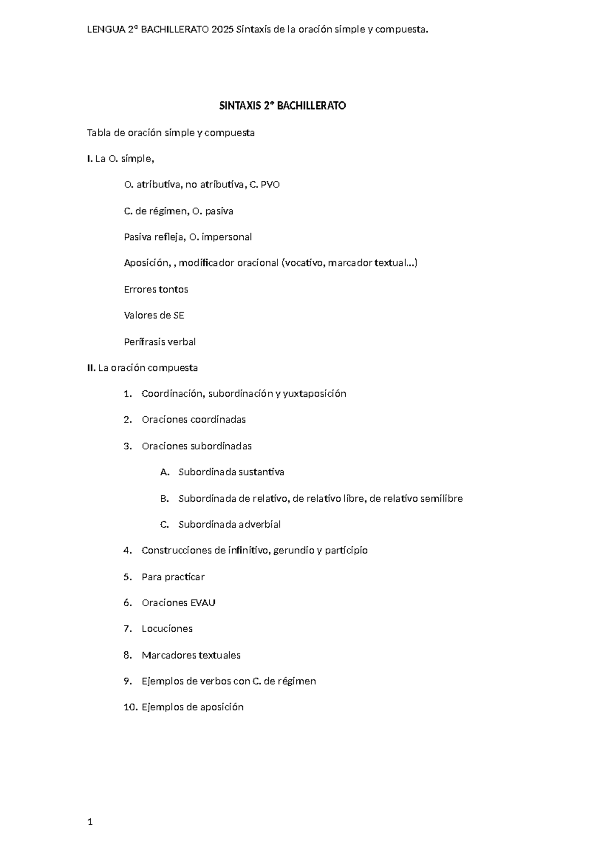 LENGUA 2º BACHILLERATO 2025 Sintaxis de la Oración Simple y Compuesta ...