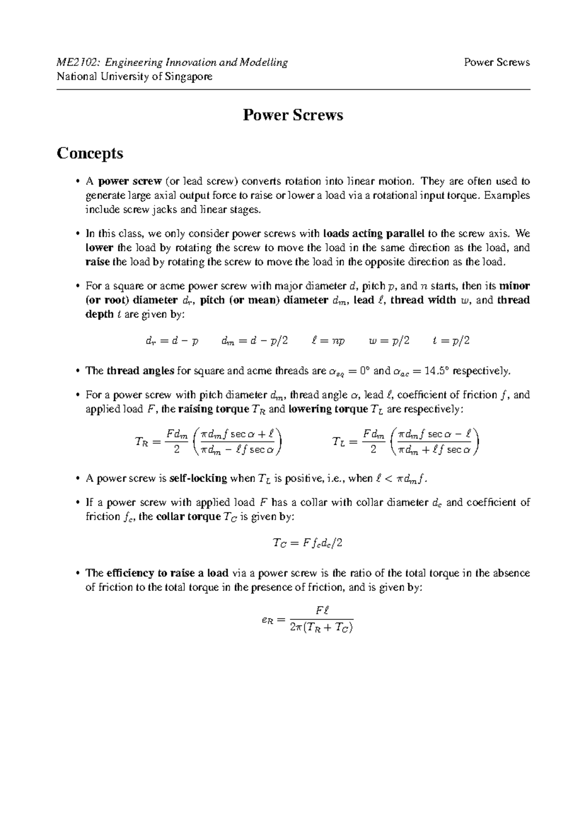 ME2102 Power Screws Concepts - Engineering Innovation Notes - Studocu