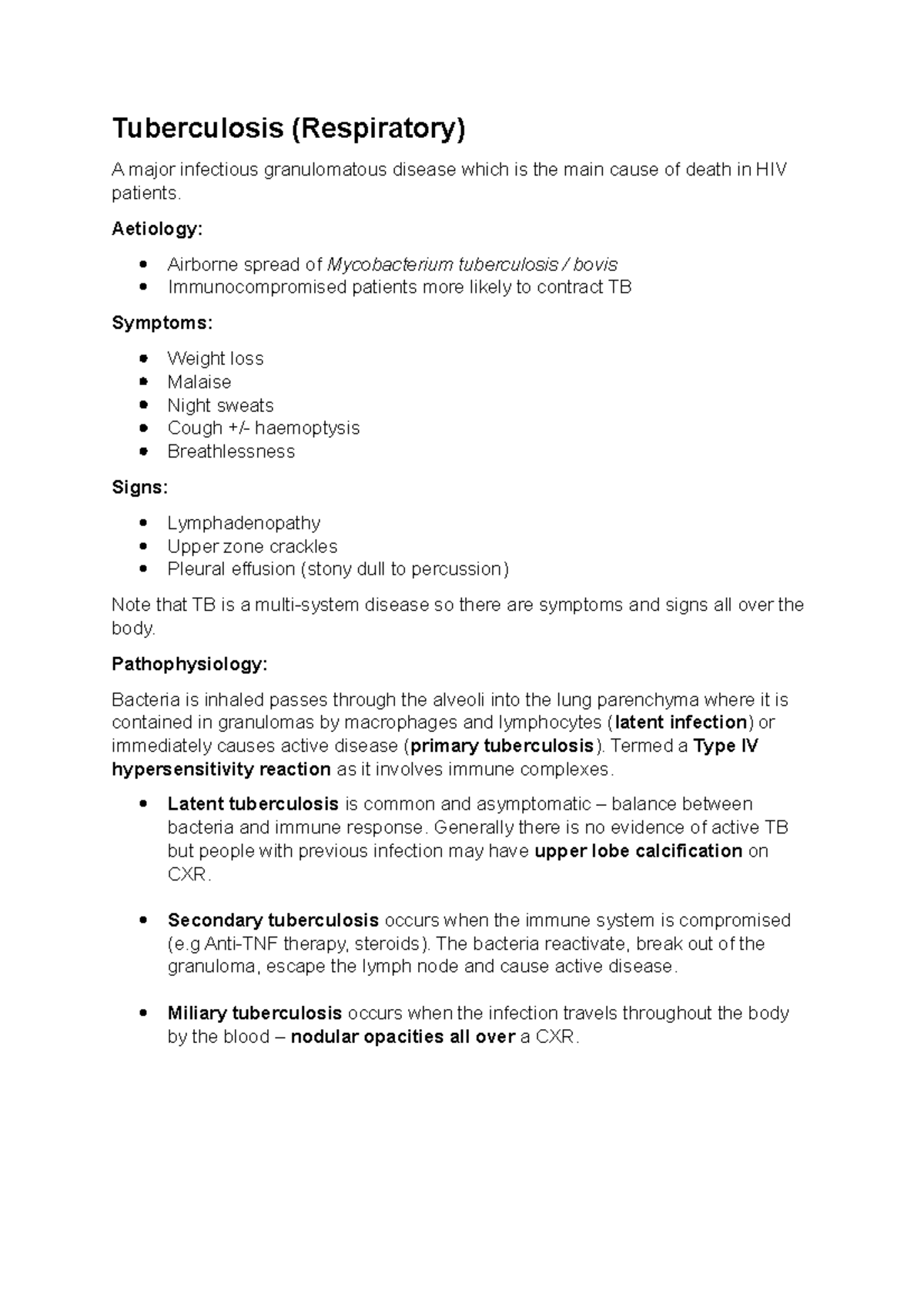 TB Disease Summary: Key Aspects of Tuberculosis Infection - Studocu