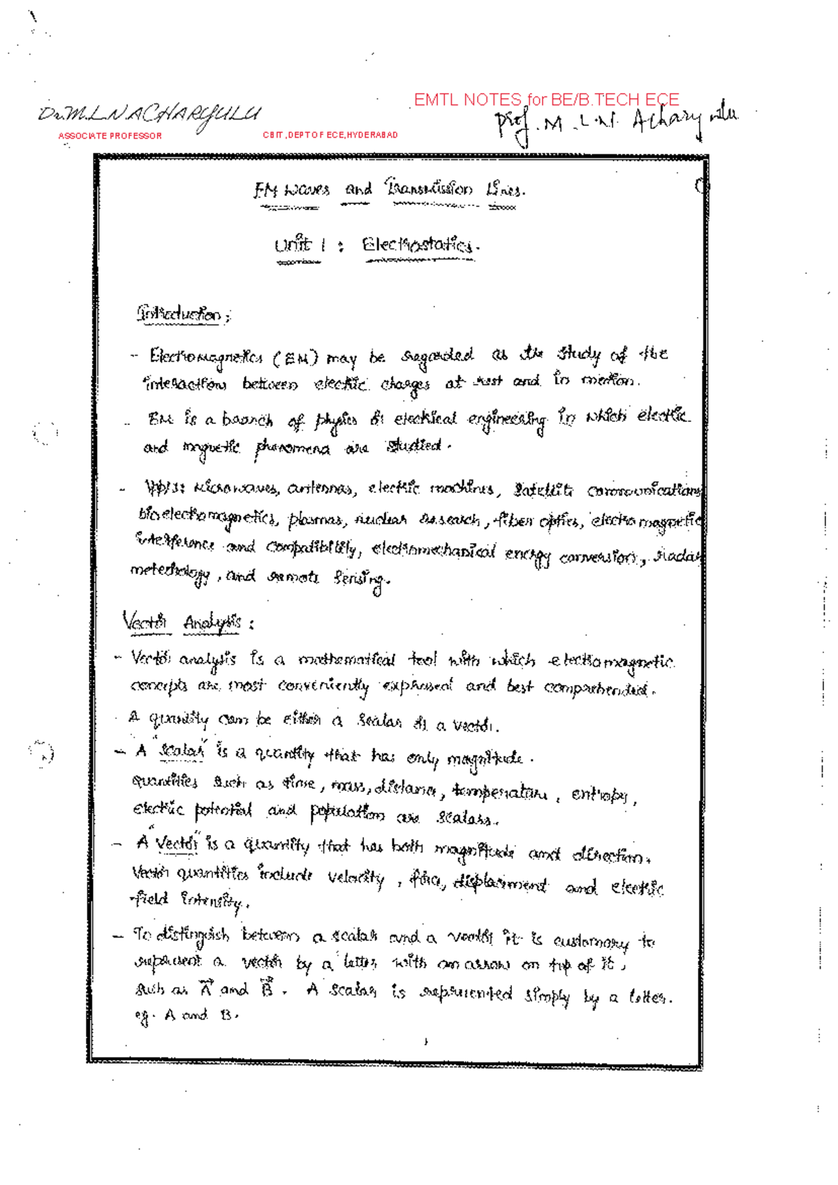 EMTL notes - Dr.M L N ACHARYULU PROFESSOR/ECE - Electromagnetic Fields ...