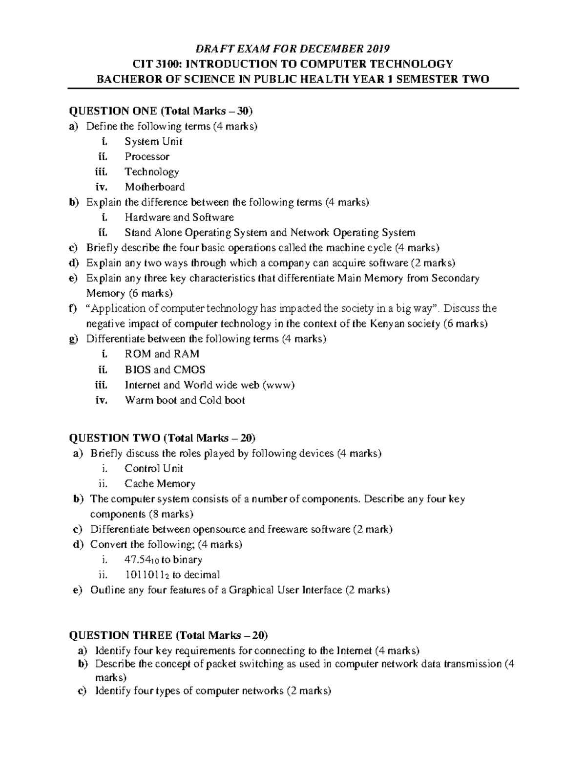 CIT 3100 Introduction TO Computer Technology - DRAFT EXAM FOR DECEMBER ...