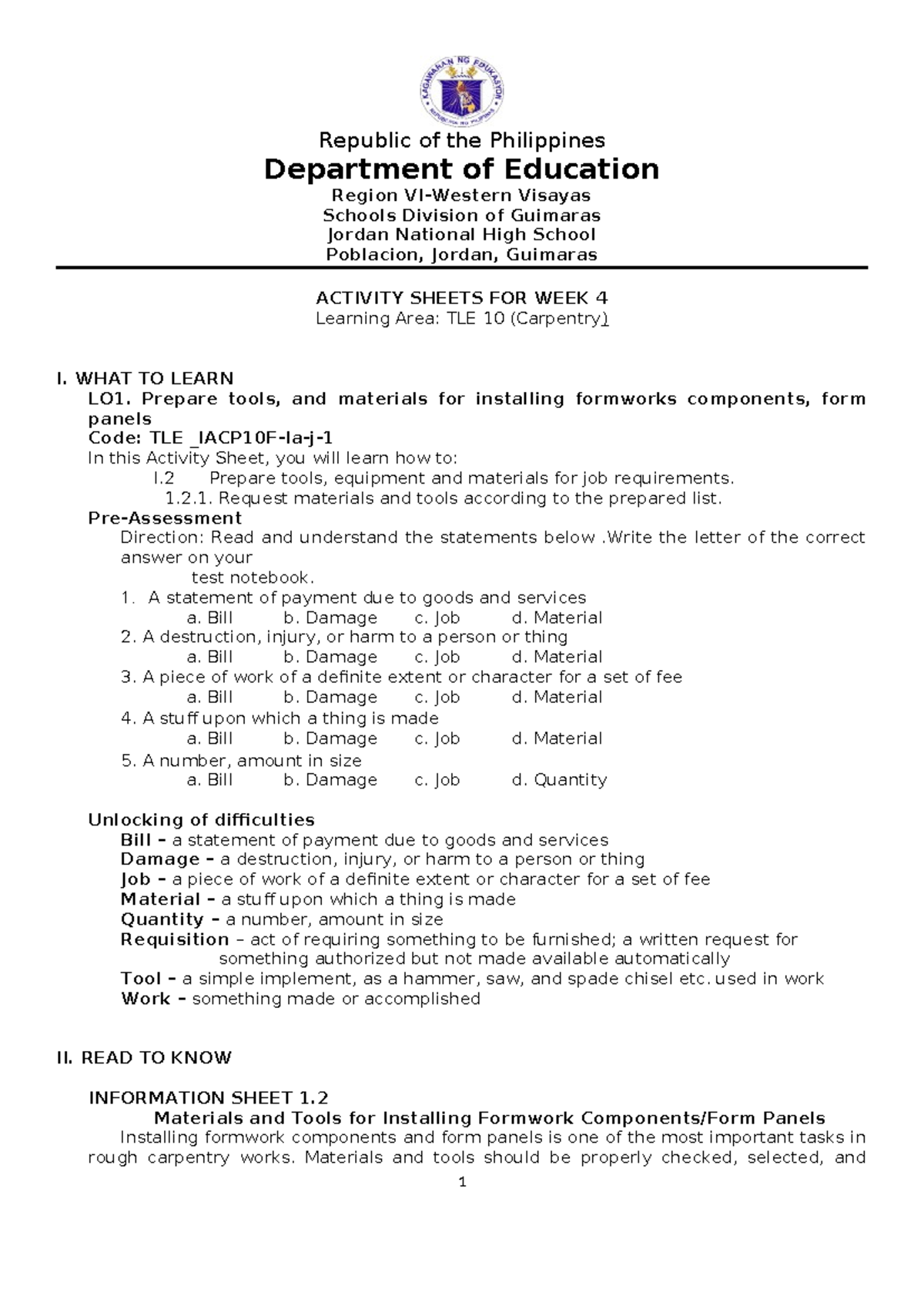 WEEK 4 TLE 10 Carpentry Activity Sheet: Tools & Materials Prep - Studocu